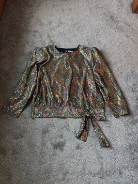 Another Thyme Sequin Blouse Multicolor Metallic Tie Waist Long Sleeve SIZE XL